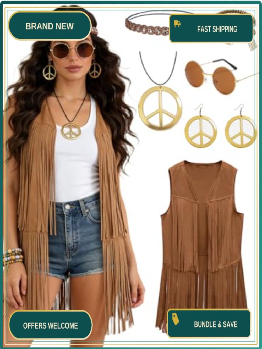 6-Piece Fringe Vest Hippie Costume Accessories Set Retro 60s 70s Outfit
